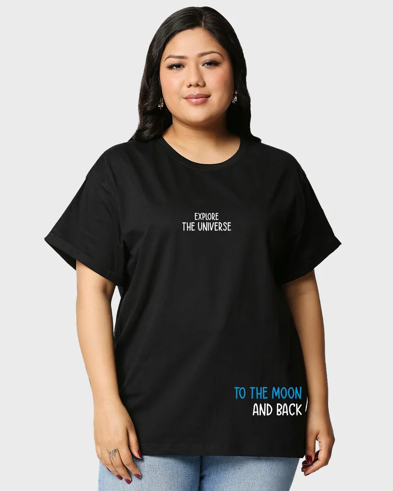 بيواكوف Women's Black Space X Graphic Printed Oversized Plus Size T-shirt
